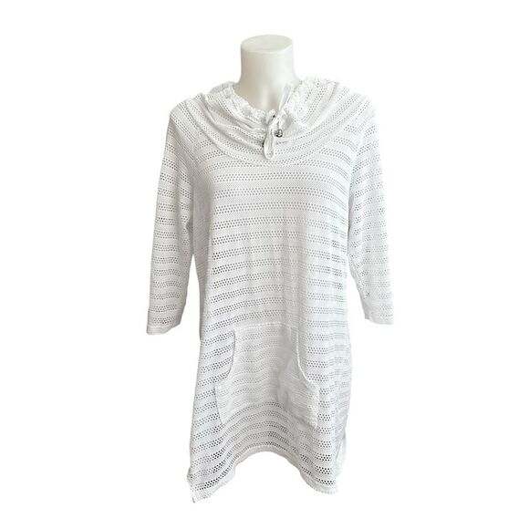 Dakini White Perforated‎ Beach Cover up Hoodie Size Large - Picture 1 of 8